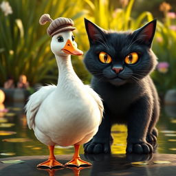 A whimsical scene featuring a charming, plump father goose wearing a small, playful hat, standing proudly