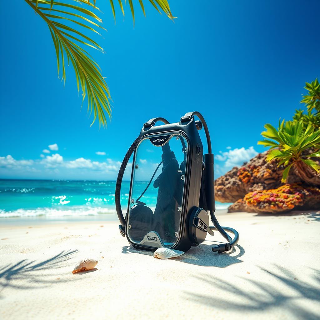 A scuba diving tank placed beautifully on a sandy beach under a bright blue sky, surrounded by vibrant tropical plants and colorful coral reefs in the ocean background