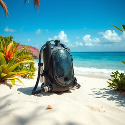 A scuba diving tank placed beautifully on a sandy beach under a bright blue sky, surrounded by vibrant tropical plants and colorful coral reefs in the ocean background