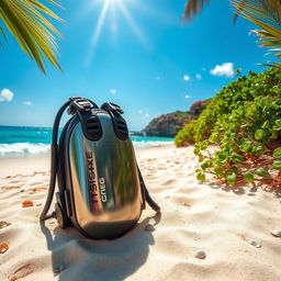 A scuba diving tank placed beautifully on a sandy beach under a bright blue sky, surrounded by vibrant tropical plants and colorful coral reefs in the ocean background