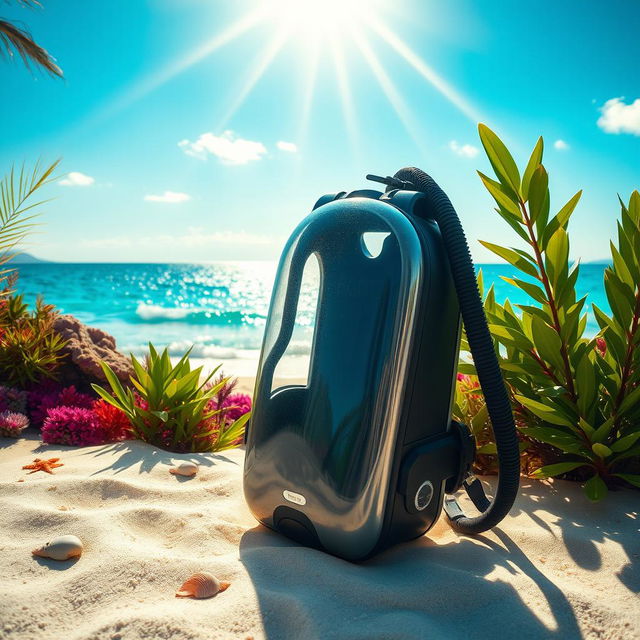A scuba diving tank placed beautifully on a sandy beach under a bright blue sky, surrounded by vibrant tropical plants and colorful coral reefs in the ocean background