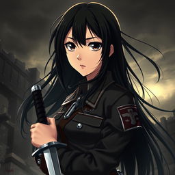 A highly stylized portrait of Mikasa Ackerman from 'Attack on Titan'