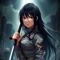 A highly stylized portrait of Mikasa Ackerman from 'Attack on Titan'