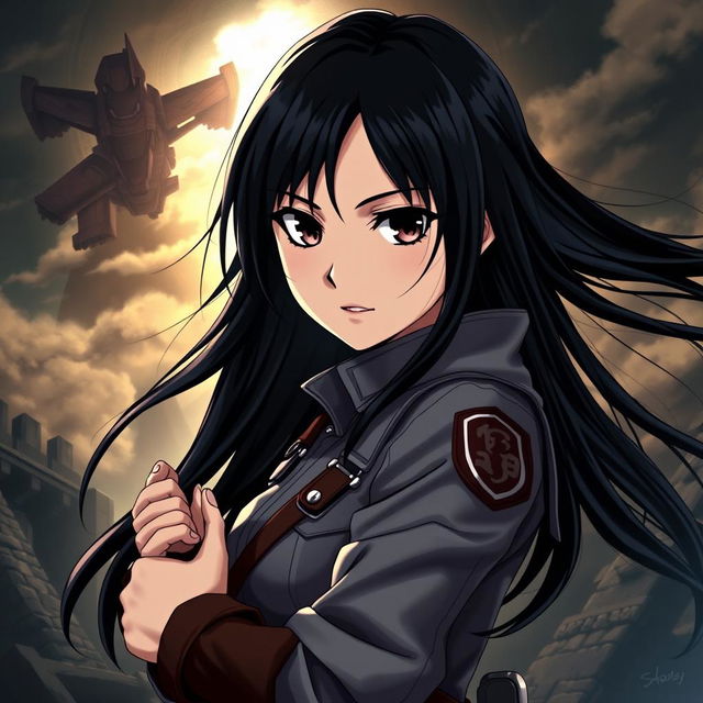 A highly stylized portrait of Mikasa Ackerman from 'Attack on Titan'