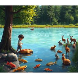 A scene depicting a child heroically preventing people from harming an injured animal next to a tree by a river