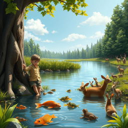 A scene depicting a child heroically preventing people from harming an injured animal next to a tree by a river