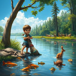 A scene depicting a child heroically preventing people from harming an injured animal next to a tree by a river