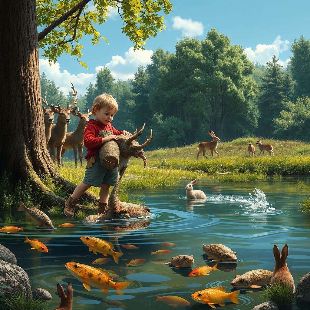 A scene depicting a child heroically preventing people from harming an injured animal next to a tree by a river