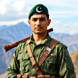 A portrait of a Pakistani soldier in full uniform, featuring intricate details such as the green and camouflage patterns of the uniform