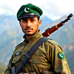 A portrait of a Pakistani soldier in full uniform, featuring intricate details such as the green and camouflage patterns of the uniform