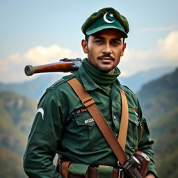 A portrait of a Pakistani soldier in full uniform, featuring intricate details such as the green and camouflage patterns of the uniform