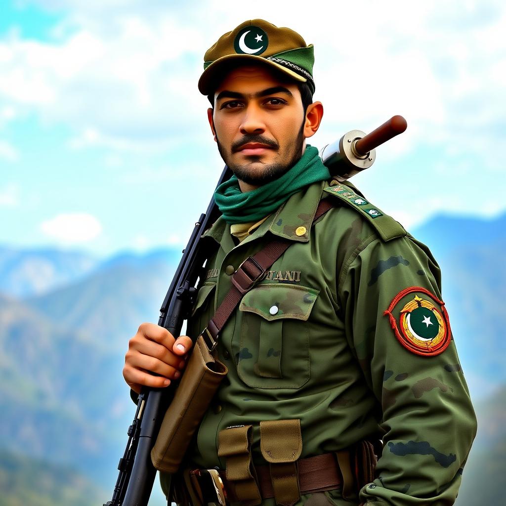 A portrait of a Pakistani soldier in full uniform, featuring intricate details such as the green and camouflage patterns of the uniform