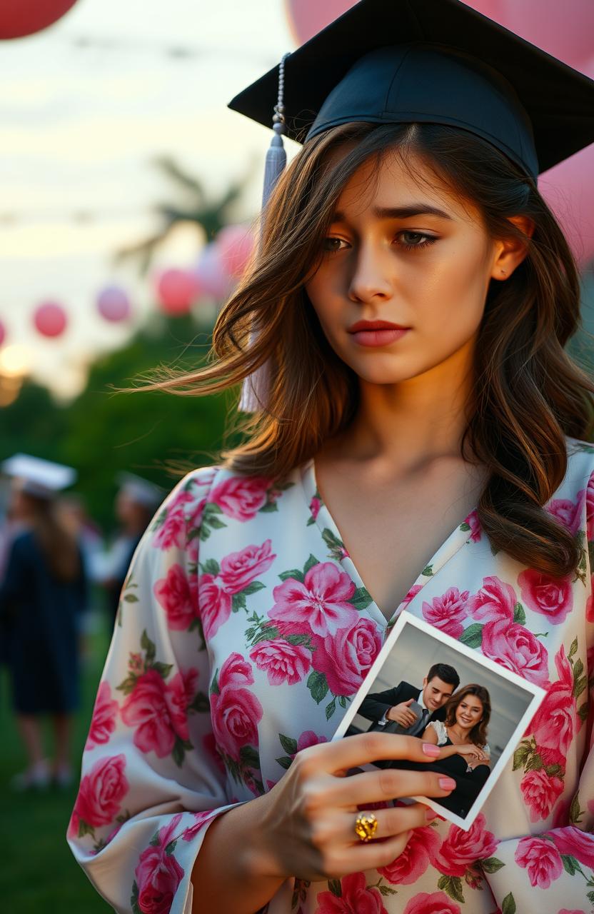 A poignant scene capturing a young woman, visibly sad, reflecting on the departure of her high school boyfriend as they graduate