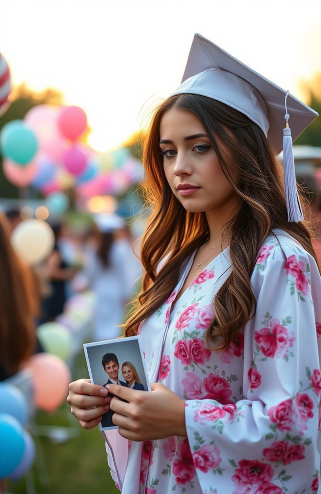 A poignant scene capturing a young woman, visibly sad, reflecting on the departure of her high school boyfriend as they graduate