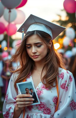A poignant scene capturing a young woman, visibly sad, reflecting on the departure of her high school boyfriend as they graduate