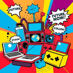 A vibrant and colorful pop art composition that creatively incorporates various elements of modern technology