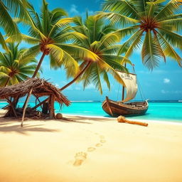 A tranquil desert island scene featuring lush green palm trees swaying gently in a warm breeze