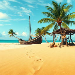 A tranquil desert island scene featuring lush green palm trees swaying gently in a warm breeze