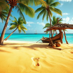 A tranquil desert island scene featuring lush green palm trees swaying gently in a warm breeze