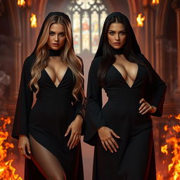 Two sexy women, one with long flowing blonde hair and the other with dark brunette locks, both wearing tight low-cut chest-revealing black nun habits, standing confidently amidst a church engulfed in dramatic flames