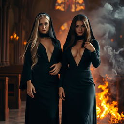 Two sexy women, one with long flowing blonde hair and the other with dark brunette locks, both wearing tight low-cut chest-revealing black nun habits, standing confidently amidst a church engulfed in dramatic flames