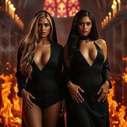 Two sexy women, one with long flowing blonde hair and the other with dark brunette locks, both wearing tight low-cut chest-revealing black nun habits, standing confidently amidst a church engulfed in dramatic flames
