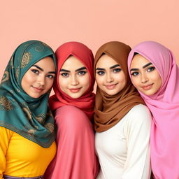 Four beautiful women wearing vibrant hijabs in various colors, each with big breasts and fair white skin