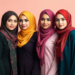 Four beautiful women wearing vibrant hijabs in various colors, each with big breasts and fair white skin