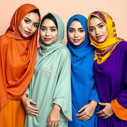 Four beautiful women wearing vibrant hijabs in various colors, each with big breasts and fair white skin