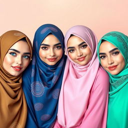 Four beautiful women wearing vibrant hijabs in various colors, each with big breasts and fair white skin