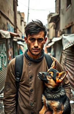 A young man named Marcos Ferreyra, 25 years old, with a rugged appearance and deep-set eyes that convey sadness and determination