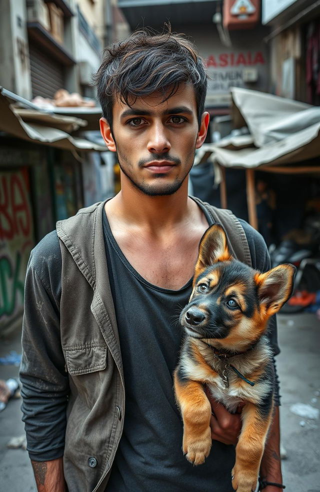 A young man named Marcos Ferreyra, 25 years old, with a rugged appearance and deep-set eyes that convey sadness and determination