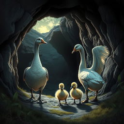 A captivating scene depicting a father goose, a mother goose, and their two young goslings entering a mysterious, shadowy cave