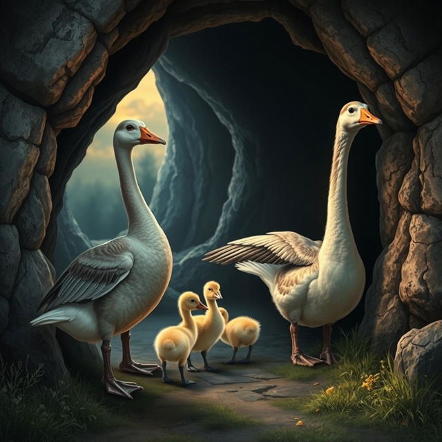 A captivating scene depicting a father goose, a mother goose, and their two young goslings entering a mysterious, shadowy cave