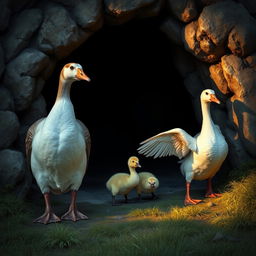 A captivating scene depicting a father goose, a mother goose, and their two young goslings entering a mysterious, shadowy cave