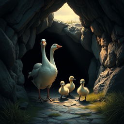 A captivating scene depicting a father goose, a mother goose, and their two young goslings entering a mysterious, shadowy cave