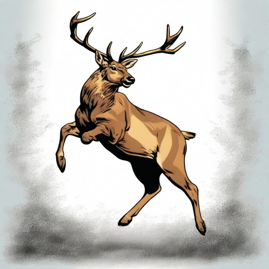 A high-quality comic-style digital art image of a majestic, full-bodied deer leaping forward