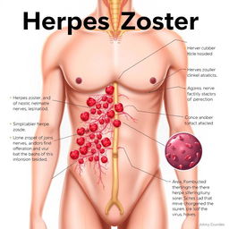 A detailed medical illustration showcasing herpes zoster, also known as shingles