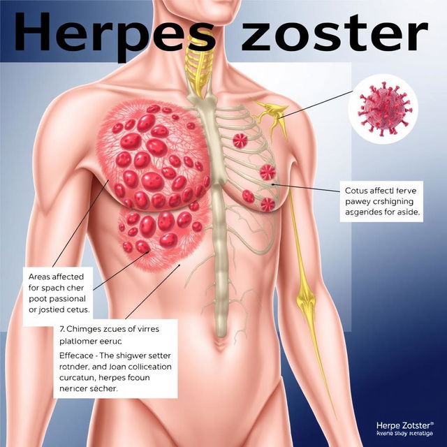 A detailed medical illustration showcasing herpes zoster, also known as shingles