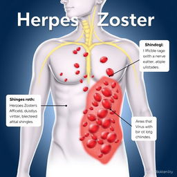 A detailed medical illustration showcasing herpes zoster, also known as shingles