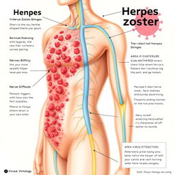 A detailed medical illustration showcasing herpes zoster, also known as shingles