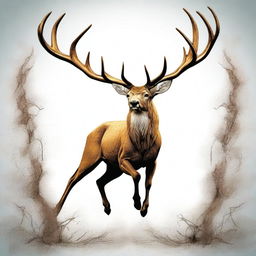 A high-quality comic-style digital art image of a majestic, full-bodied deer leaping forward