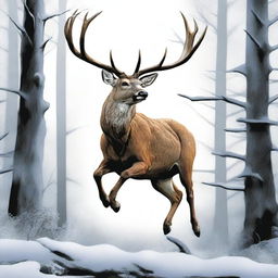 A high-quality comic-style digital art image of a majestic, full-bodied deer leaping forward