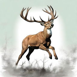 A high-quality comic-style digital art image of a majestic, full-bodied deer leaping forward