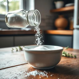 A close-up shot of salt being poured from a classic glass salt shaker into a white ceramic bowl on a rustic wooden table