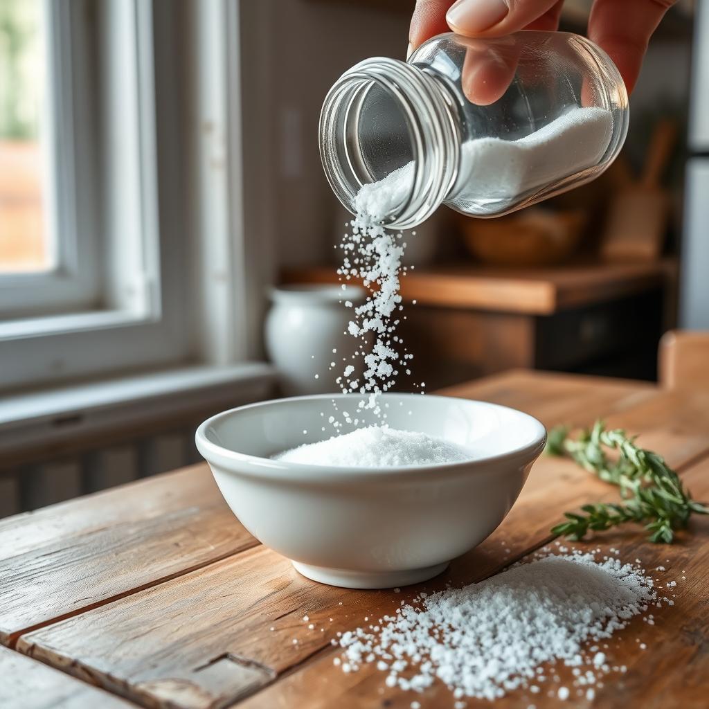 A close-up shot of salt being poured from a classic glass salt shaker into a white ceramic bowl on a rustic wooden table