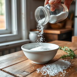 A close-up shot of salt being poured from a classic glass salt shaker into a white ceramic bowl on a rustic wooden table