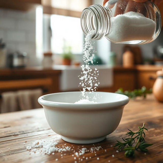 A close-up shot of salt being poured from a classic glass salt shaker into a white ceramic bowl on a rustic wooden table