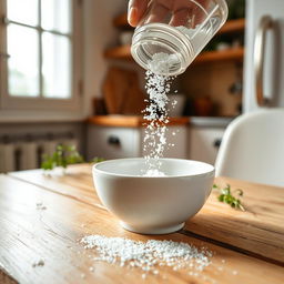 A close-up shot of salt being poured from a classic glass salt shaker into a white ceramic bowl on a rustic wooden table
