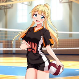 A cheerful blonde girl wearing the Karasuno High School volleyball uniform, which features the school’s black and orange colors, smiles brightly as she poses on the volleyball court